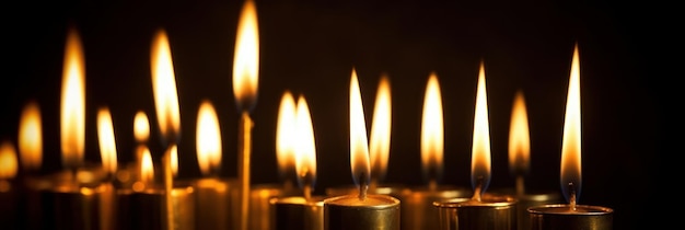 Golden candles burning in the black background Copy space