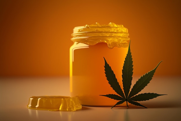 Golden cannabis wax resin in jar and green leaf Generative AI