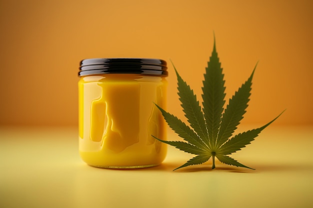 Golden cannabis wax resin in jar and green leaf Generative AI