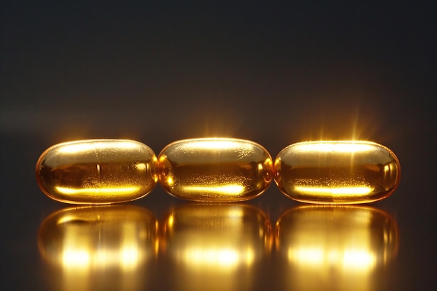 Golden capsule pharmaceutical vitamin D supplement fish oil Medical and health concept