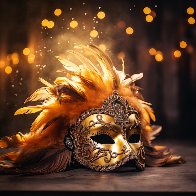 Golden carnival mask on the background of shiny golden lights