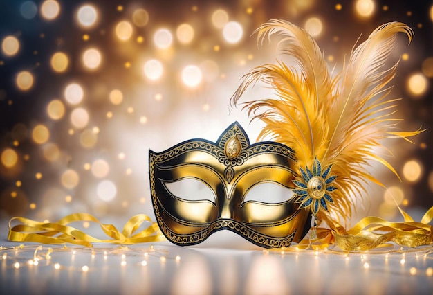 Golden carnival mask with feather on bokeh lights background