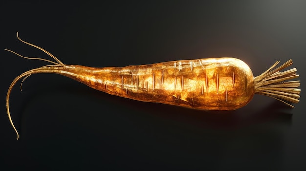 A golden carrot made of gold with detailed textures on a dark background ideal for luxury food concepts or abstract art symbolizing wealth and creativity