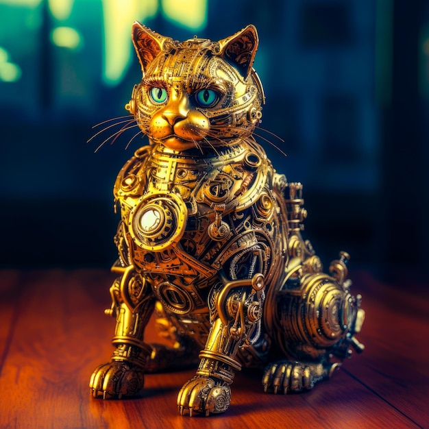 Golden cat figurine sitting on wooden table with blurry background Generative AI