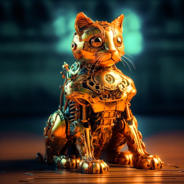 Golden cat sitting on top of wooden floor next to wall Generative AI