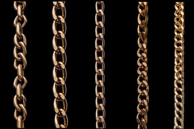 Photo golden chain gold chain isolated on black background various designs of gold chain