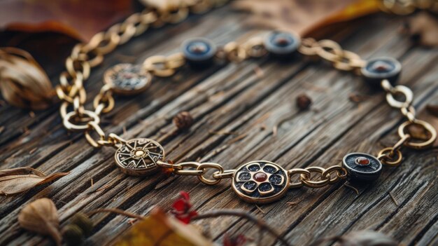 A golden chain with pendants in the form of metal plates with red stones lies on a wooden surface am