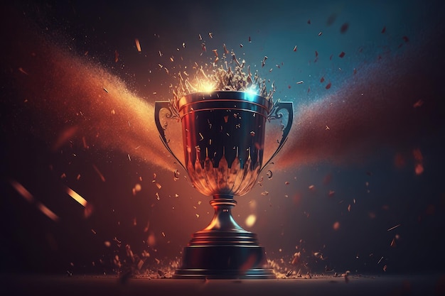 Golden champion trophy cup winner on blur bokeh dark lights background AI generated art