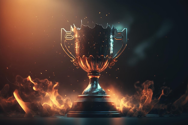 Golden champion trophy cup winner on blur bokeh dark lights background AI generated art