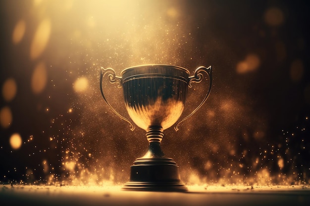 Golden champion trophy cup winner on blur bokeh dark lights background AI generated art