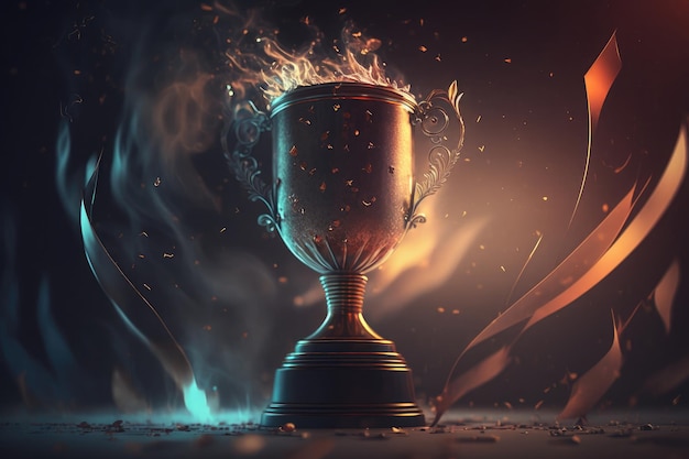 Golden champion trophy cup winner on blur bokeh dark lights background AI generated art