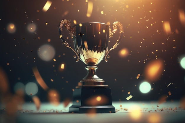 Golden champion trophy cup winner on blur bokeh dark lights background AI generated art