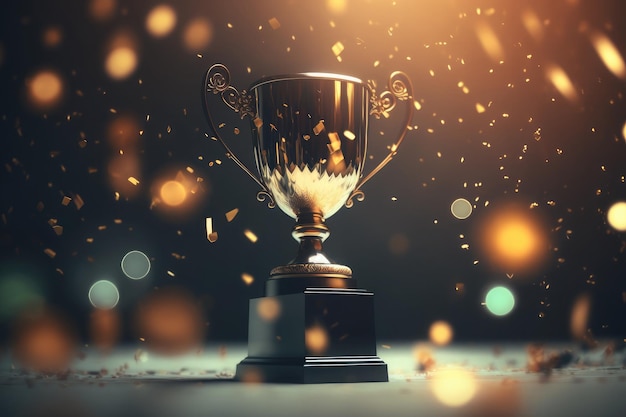 Golden champion trophy cup winner on blur bokeh dark lights background AI generated art