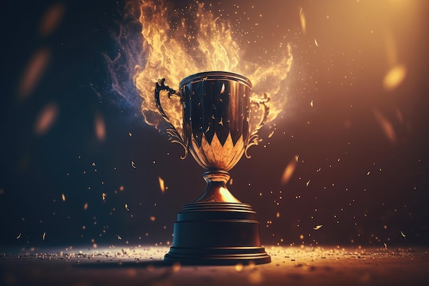 Golden champion trophy cup winner on blur bokeh dark lights background AI generated art