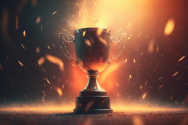 Golden champion trophy cup winner on blur bokeh dark lights background AI generated art