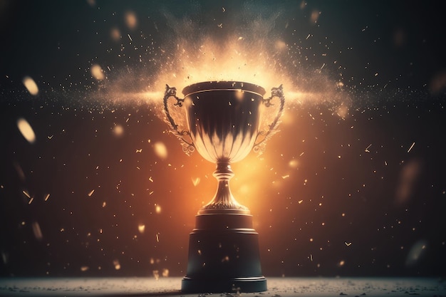 Golden champion trophy cup winner on blur bokeh dark lights background AI generated art