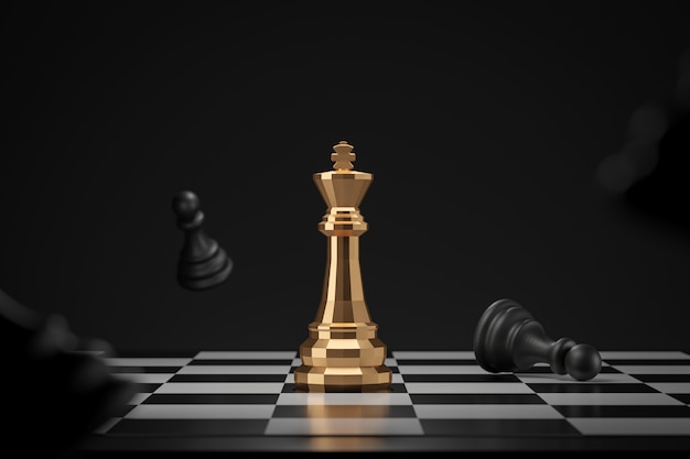 Golden chess piece on dark wall with winner or victory concept. King of chess and competition ideas. 3D rendering.