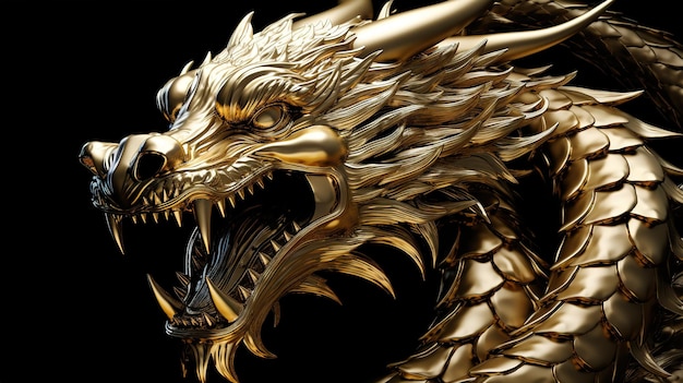 Golden Chinese dragon with open mouth in body bending pose on black background