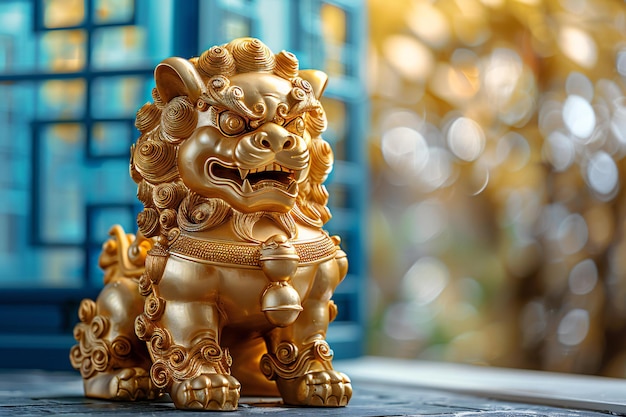 A golden chinese lion head statue with auspicious clouds on its body made of gold material and cove