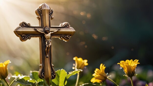 Golden Christian cross illuminated by the morning sun among flowers symbolizing faith and hope