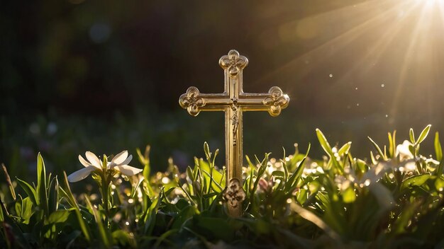 Golden Christian cross illuminated by the morning sun among flowers symbolizing faith and hope