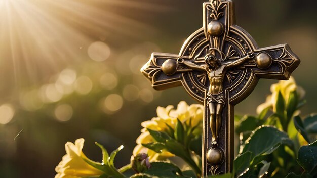 Golden Christian cross illuminated by the morning sun among flowers symbolizing faith and hope