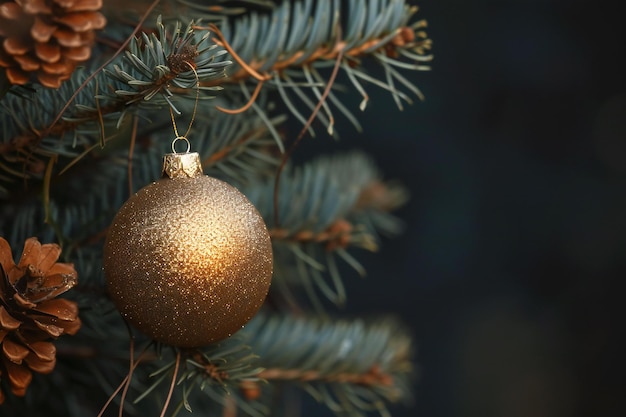 Golden christmas ball hanging on fir tree branch with pine cones