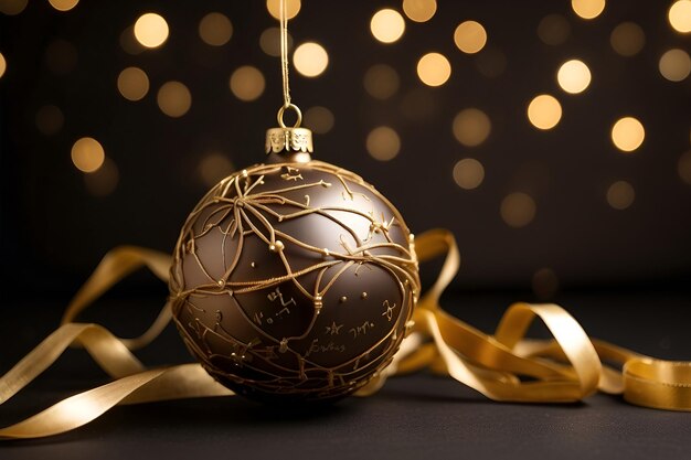 a golden Christmas ball and stars on a dark background with a happy new year message