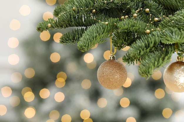 Golden Christmas balls hanging on fir tree against blurred festive lights