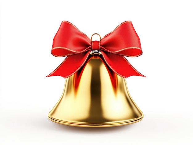 Photo golden christmas bell with a red ribbon bow isolated on white background