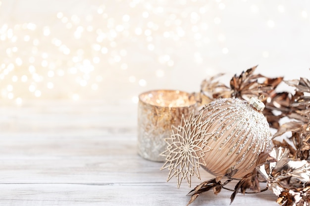 Golden christmas cozy balls with bokeh.