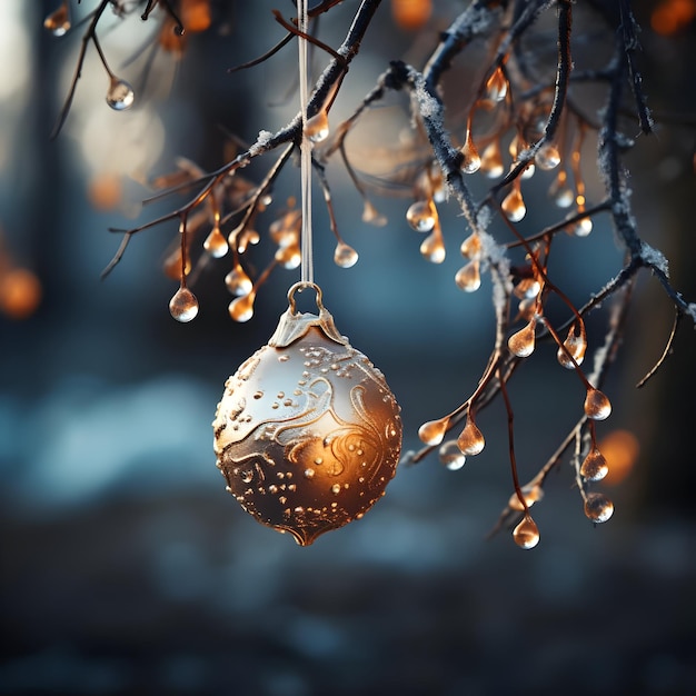 Photo golden christmas ornament hanging on a frosted branch with water droplets realistic photo