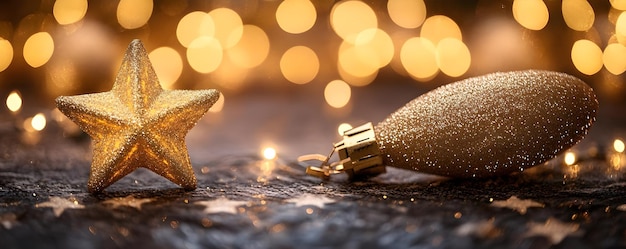 Photo golden christmas ornament and star with bokeh lights