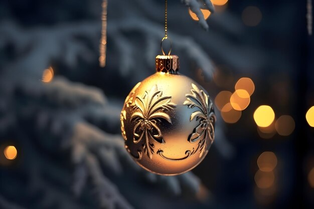 Photo golden christmas ornament with intricate design hanging on a snowy branch