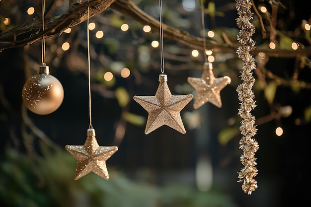 Golden Christmas stars hanging with warm lights