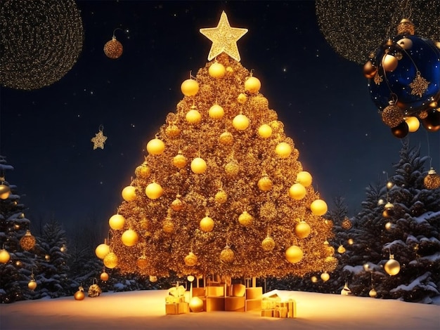 Golden Christmas tree background with lights