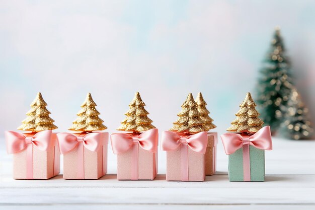 Golden christmas trees and pink gift boxes with pink bows on white background Generative AI