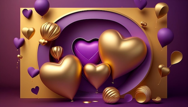 Golden circle and balloons valentines day 3d purple background