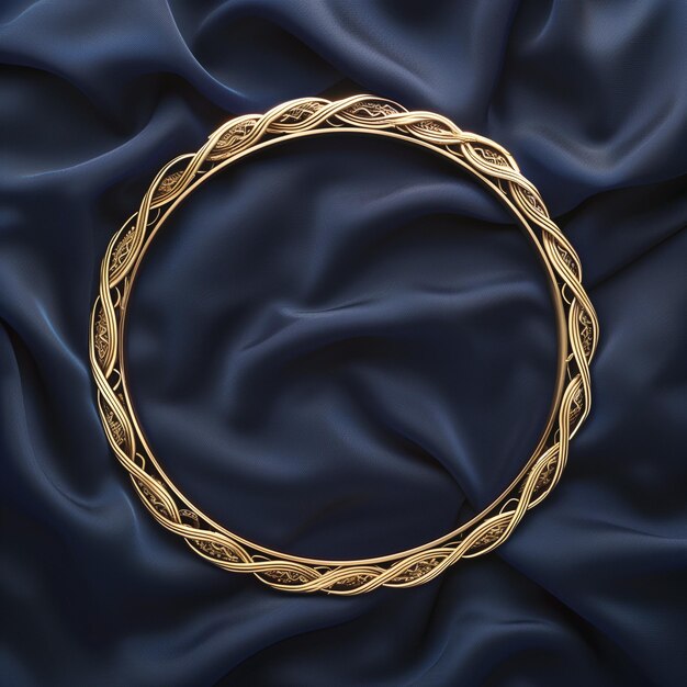 Golden Circle Frame on Dark Blue Fabric Background