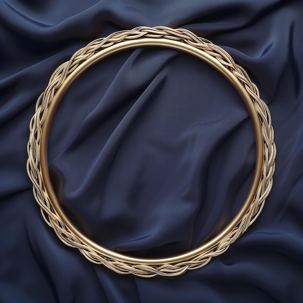 Golden Circle Frame on Dark Blue Fabric Background