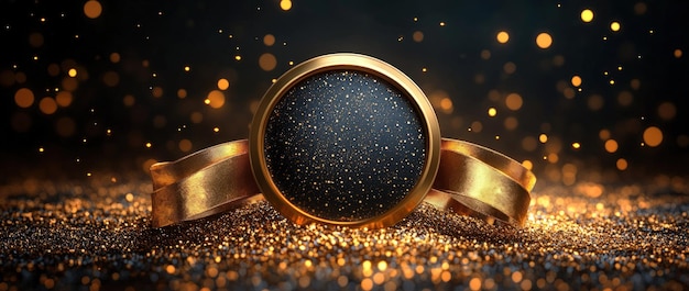 Photo golden circular frame with a black background and gold glitter with bokeh lights in the background