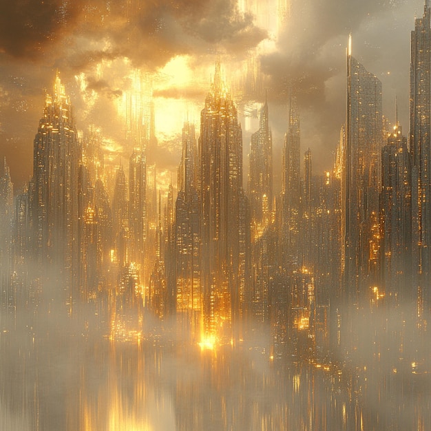 Photo golden cityscape with skyscrapers and fog