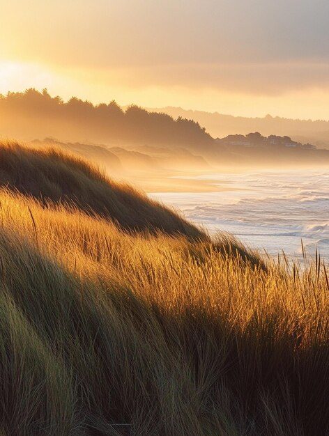 Photo golden coastal sunrise serene beach landscape with dune grass and ocean waves