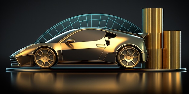 Golden coin and car with graph idea for investment theme