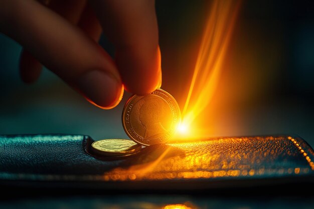 Photo golden coin dropped into wallet illuminated by sunset light symbolizing financial planning wealth