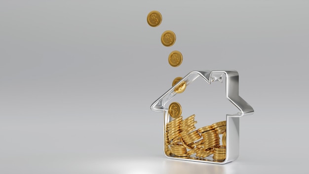 Golden coin falling in to house shape piggy bank save money for buy house Investment property Mortgage real estate concept 3D rendering