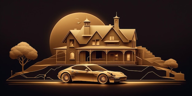 Golden coin house and car with graph idea for investment theme