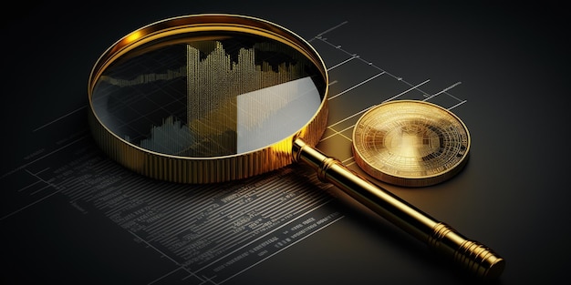 Golden coin and magnifying glass with graph idea for investment theme