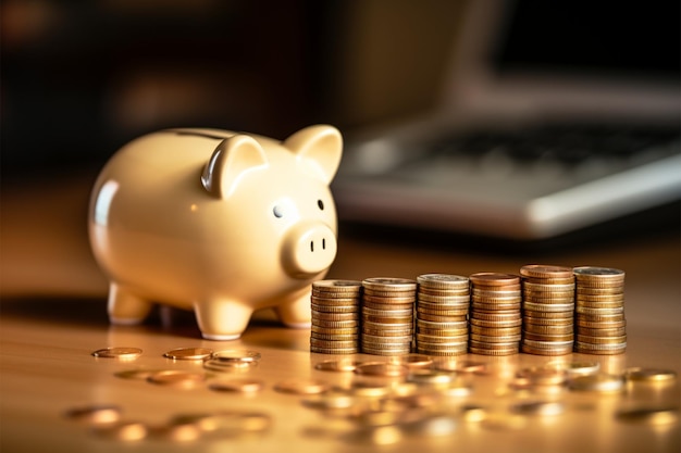 Golden coin stack on wooden desk white piggy bank calculator background