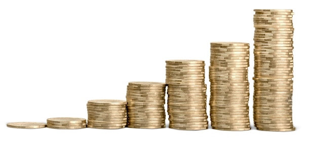 Photo golden coin stacks on a white background